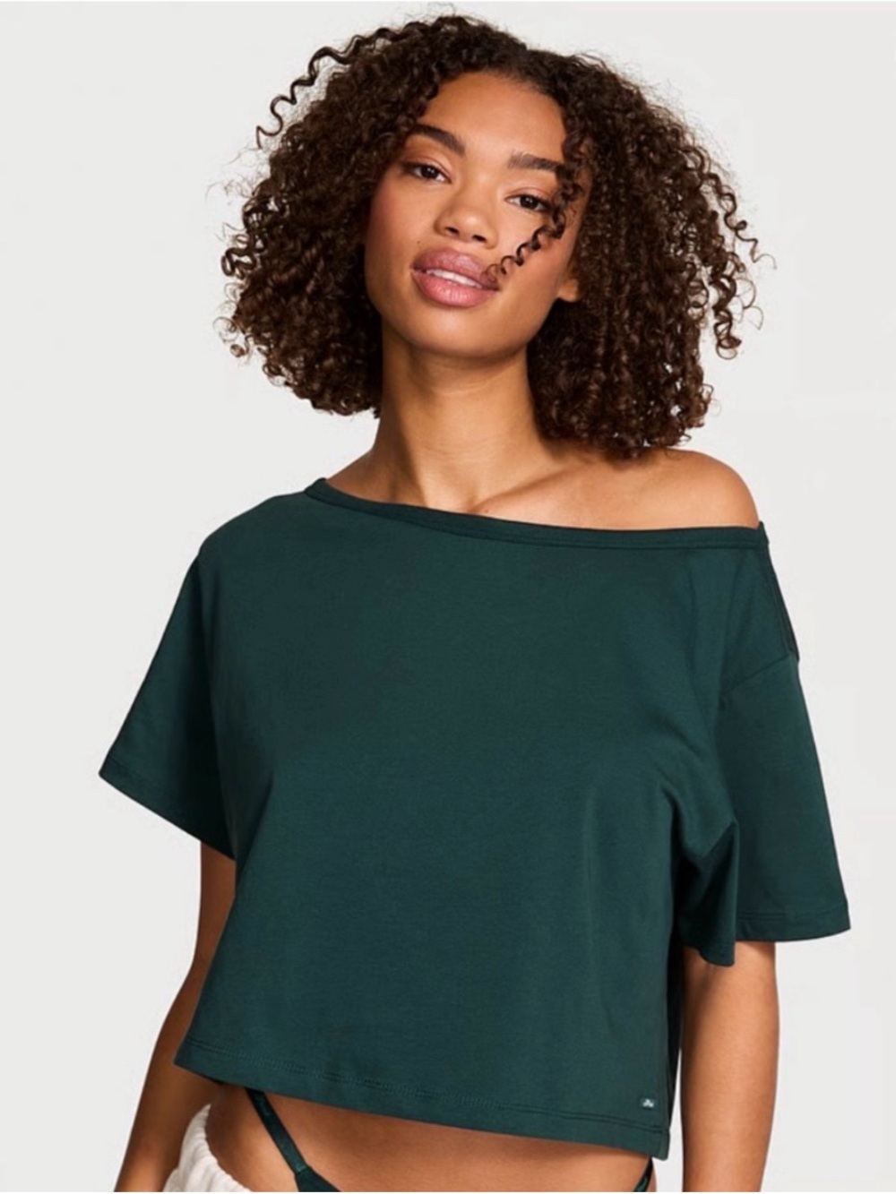 Victoria's Secret PINK Forest Green Off-Shoulder Crop Tee